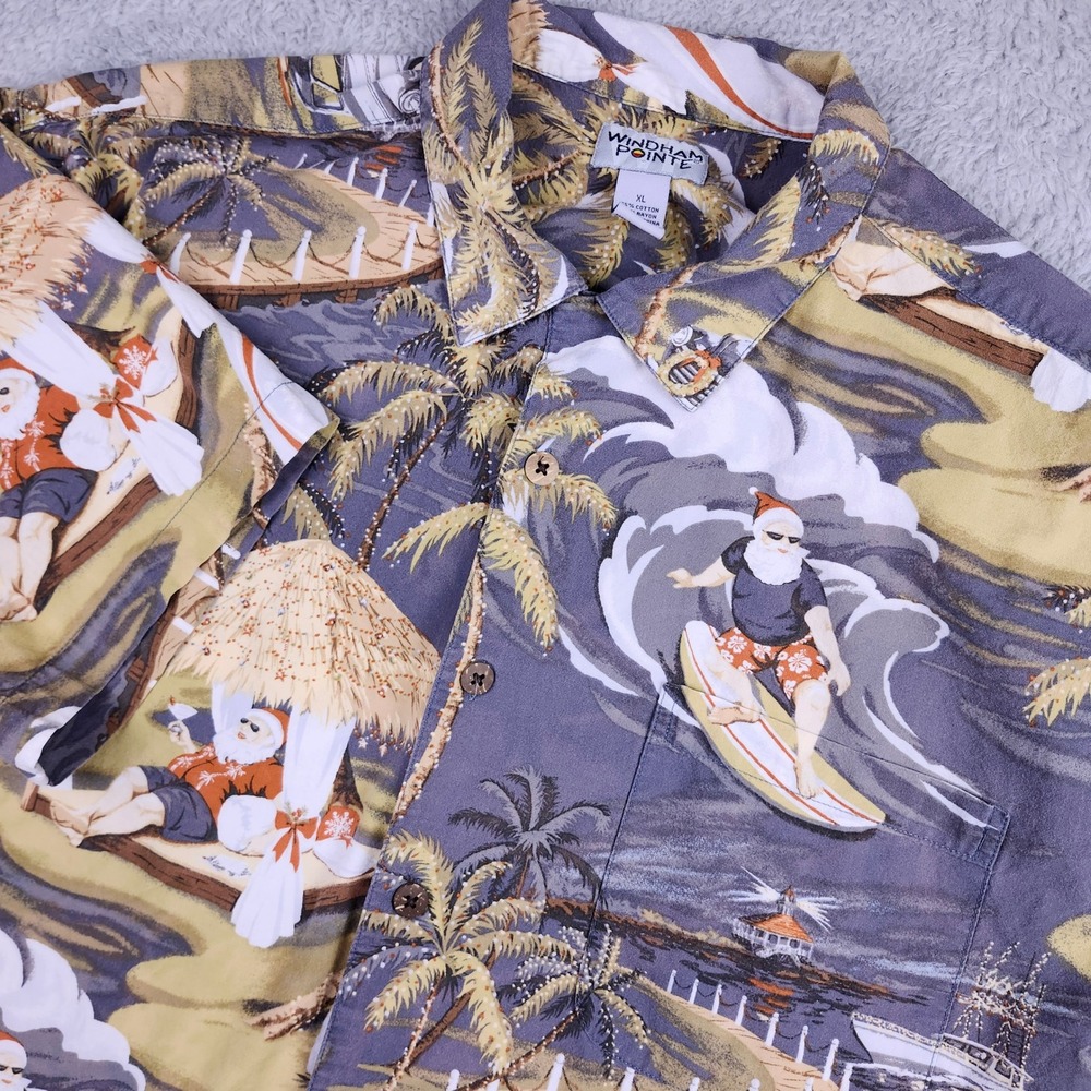 Windham Pointe Hawaiian Shirt Men XL Loop Collar Santa Surfing Christmas Beach